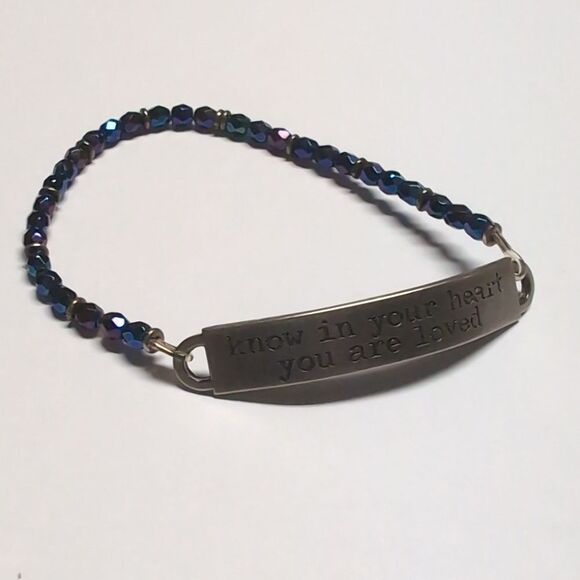 450 Iridescent Blue Beaded Silver Plate Engraved "you are loved" Tennis Bracelet - Picture 3 of 4